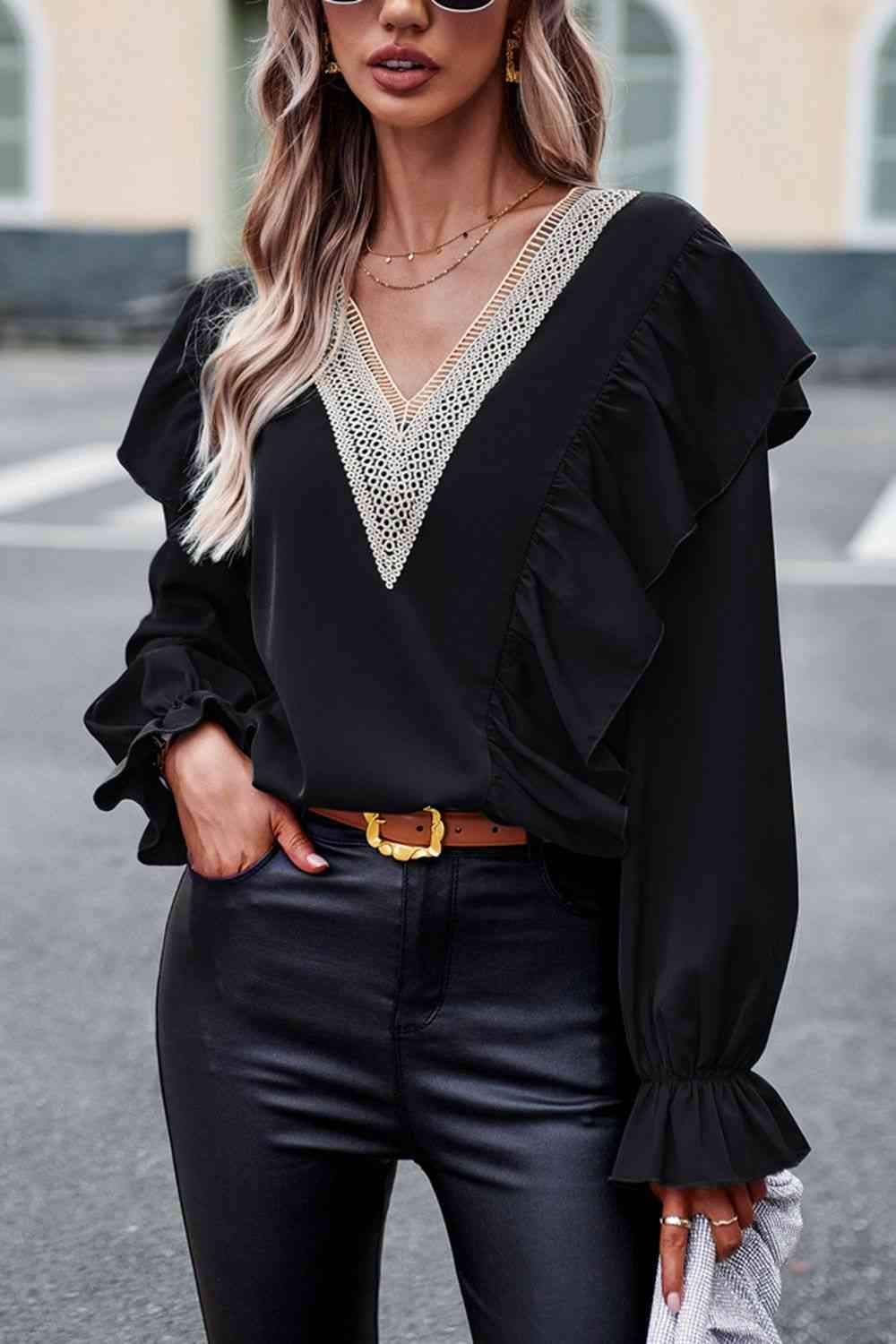 V-Neck Flounce Sleeve Ruffle Trim Blouse Blouses - Tophatter Daily Deals