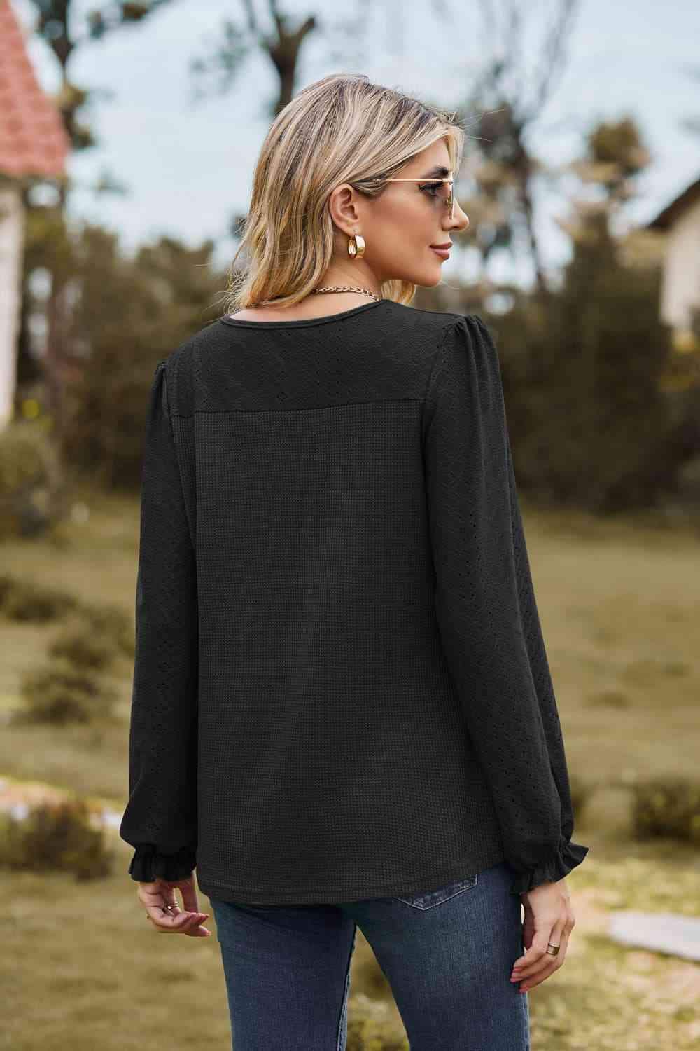 Round Neck Puff Sleeve Blouse Blouses - Tophatter Daily Deals