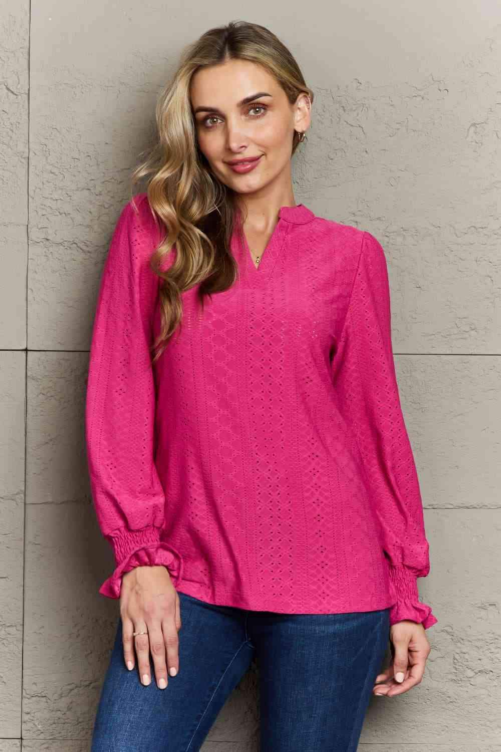 Double Take Eyelet Notched Neck Flounce Sleeve Blouse Deep Rose Blouses - Tophatter Daily Deals