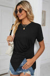 Ruched Round Neck Short Sleeve T-Shirt Black Women's T-Shirts - Tophatter Daily Deals