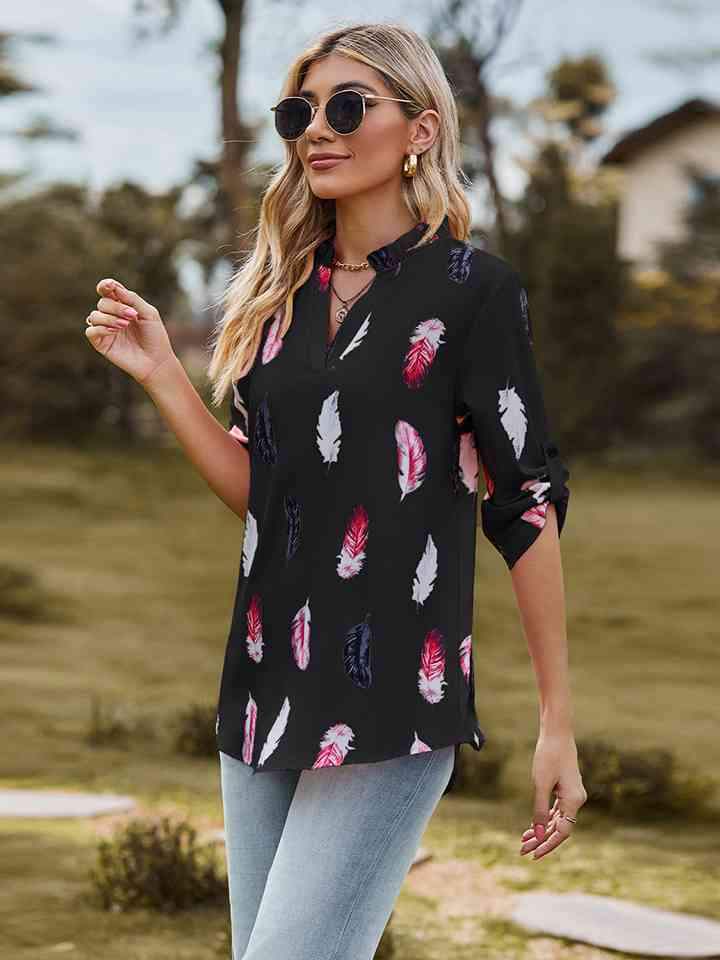 Printed Roll-Tab Sleeve Notched Neck Blouse Blouses - Tophatter Daily Deals