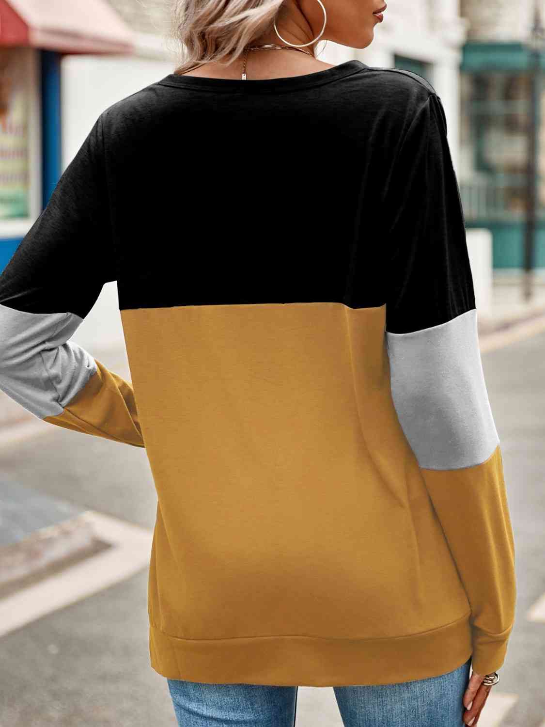 Color Block Cutout Round Neck Long Sleeve T-Shirt Women's T-Shirts - Tophatter Daily Deals