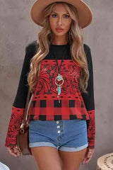 Mixed Print Color Block Long Sleeve Top Red Women's T-Shirts - Tophatter Daily Deals