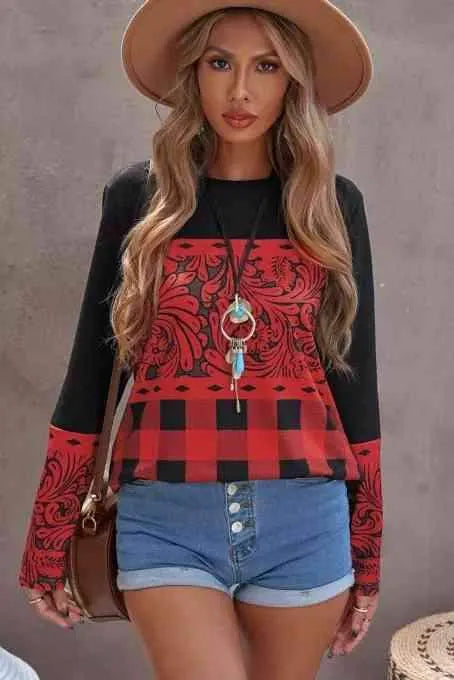 Mixed Print Color Block Long Sleeve Top Red Women's T-Shirts - Tophatter Daily Deals