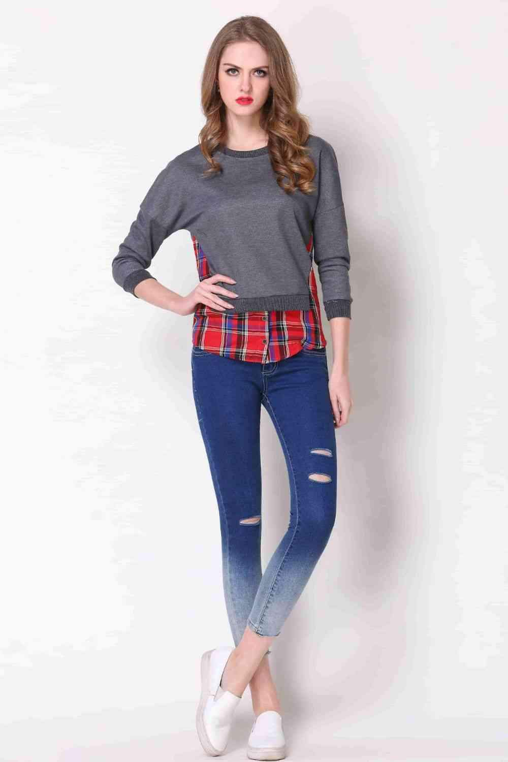 Full Size Plaid Patch Drop Shoulder Round Neck Top Women's T-Shirts - Tophatter Daily Deals