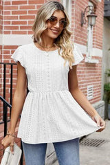 Tied Ruffled Round Neck Peplum T-Shirt Women's T-Shirts - Tophatter Daily Deals