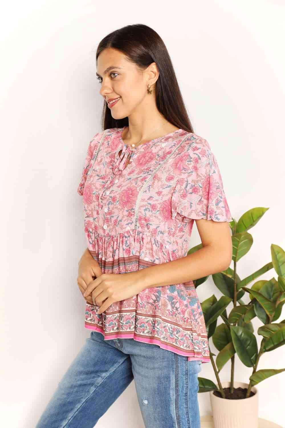 Double Take Bohemian Decorative Button Tie-Neck Peplum Blouse Blouses - Tophatter Daily Deals