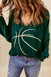 BASKETBALL Round Neck Smocked Long Sleeve Top Blouses - Tophatter Daily Deals