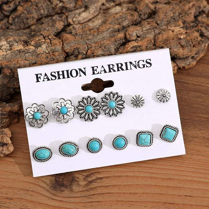 6 PCS/Set Artificial Turquoise Alloy Stud Earrings Earrings - Tophatter Daily Deals