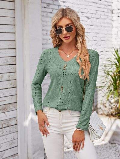 Decorative Button Openwork V-Neck T-Shirt Sage Women's T-Shirts - Tophatter Daily Deals