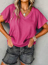 Textured V-Neck Short Sleeve T-Shirt Hot Pink Women's T-Shirts - Tophatter Daily Deals