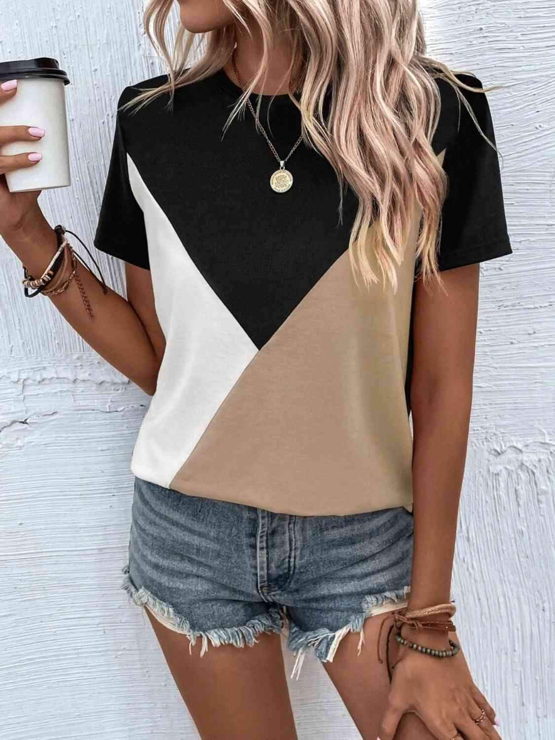 Color Block T-Shirt Sand Women's T-Shirts - Tophatter Daily Deals