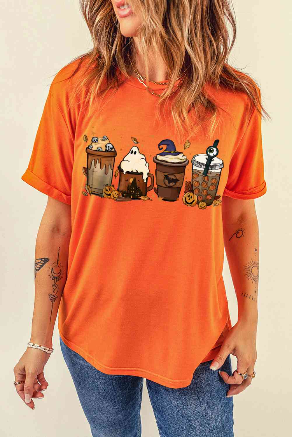 Graphic Round Neck T-Shirt Orange Women's T-Shirts - Tophatter Daily Deals