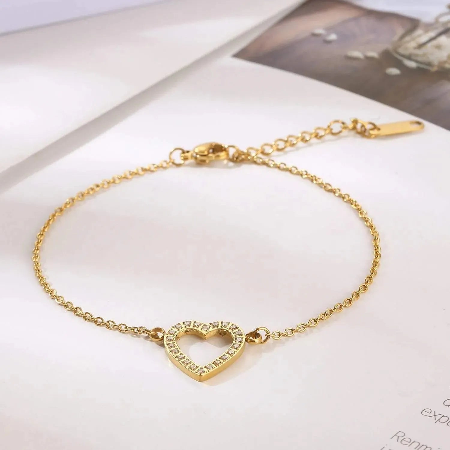Inlaid Zircon Stainless Steel Heart Bracelet Gold One Size Bracelets - Tophatter Daily Deals