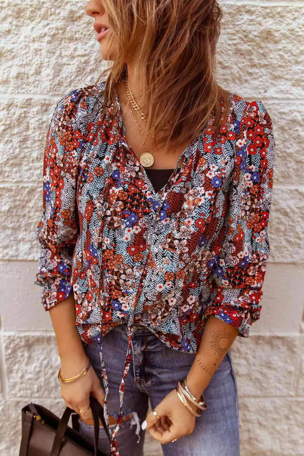 Printed Tie Neck Flounce Sleeve Top Blue Floral Blouses - Tophatter Daily Deals