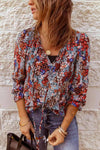 Printed Tie Neck Flounce Sleeve Top Blue Floral Blouses - Tophatter Daily Deals
