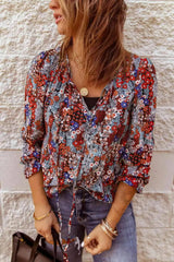 Printed Tie Neck Flounce Sleeve Top Blue Floral Blouses - Tophatter Daily Deals