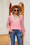 Contrast V-Neck Long Sleeve Blouse Blouses - Tophatter Daily Deals