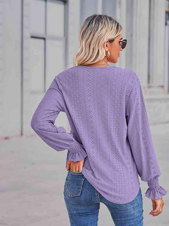 V-Neck Eyelet Flounce Sleeve Blouse Blouses - Tophatter Daily Deals