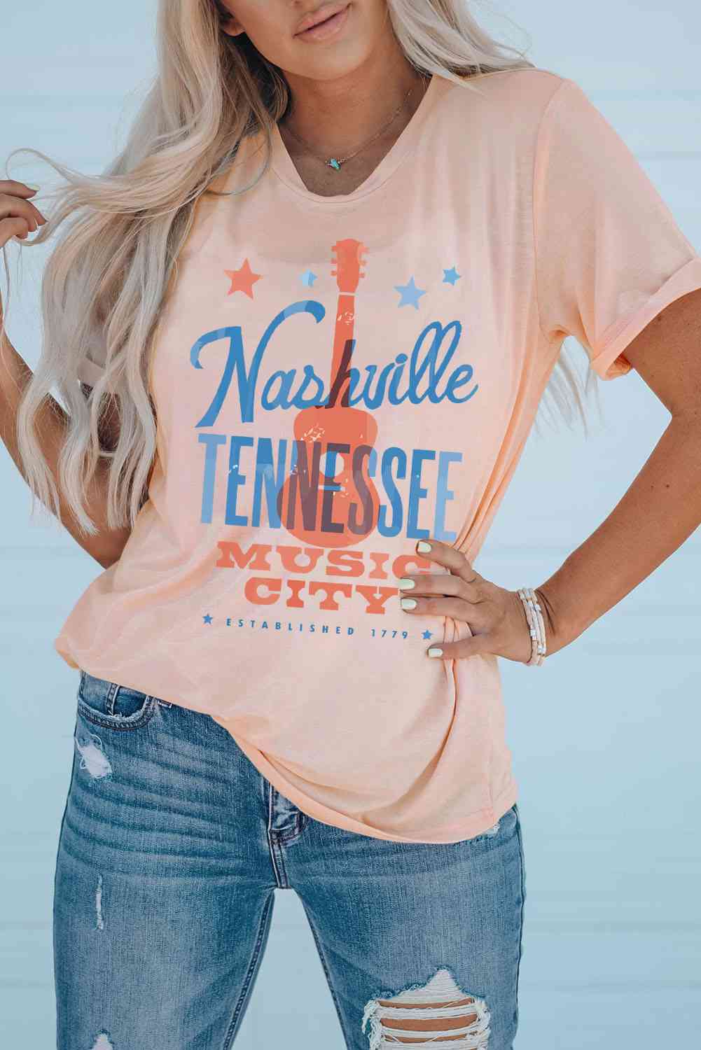 NASHVILLE TENNESSEE MUSIC CITY Cuffed Short Sleeve Tee Women's T-Shirts - Tophatter Daily Deals