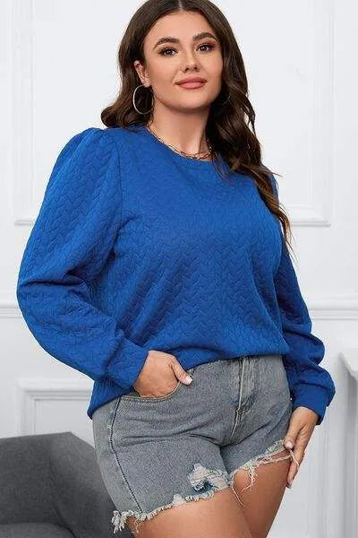 Plus Size Textured Round Neck Long Sleeve Top Blouses - Tophatter Daily Deals