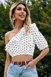 Polka Dot One-Shoulder Ruffled Crop Top Blouses - Tophatter Daily Deals