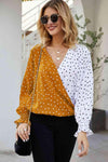 Polka Dot Surplice Neck Lantern Sleeve Blouse Blouses - Tophatter Daily Deals