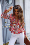 Printed Deep V Flounce Sleeve Blouse Blouses - Tophatter Daily Deals