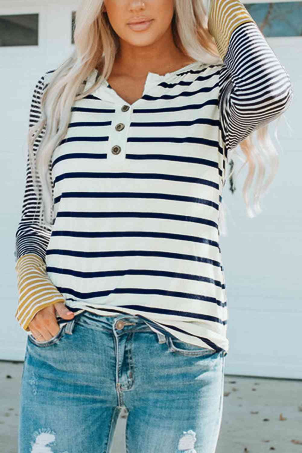 Striped Buttoned Long Sleeve Top Women's T-Shirts - Tophatter Daily Deals