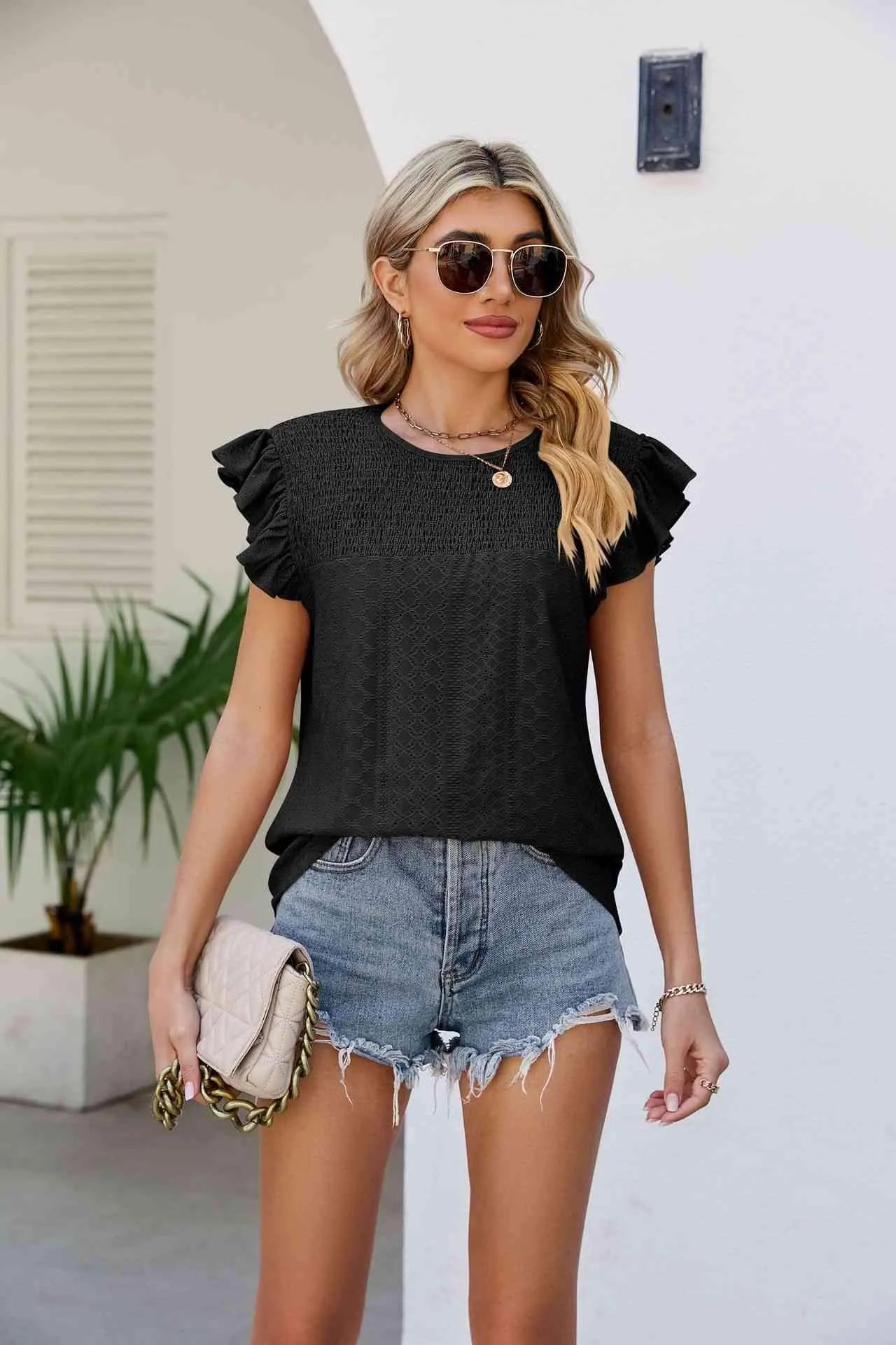 Smocked Round Neck Flutter Sleeve Top Black Blouses - Tophatter Daily Deals