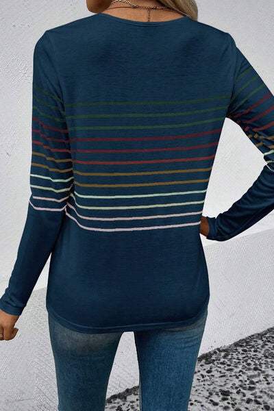 Striped Round Neck Long Sleeve T-Shirt Women's T-Shirts - Tophatter Daily Deals