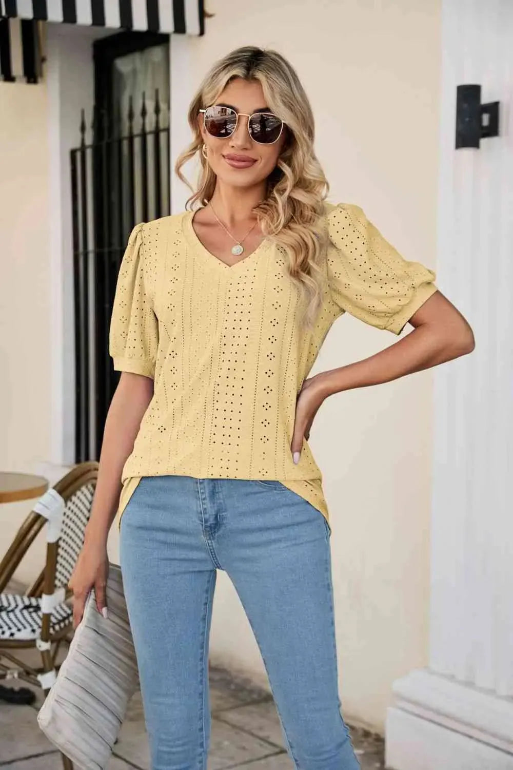 Eyelet Puff Sleeve V-Neck Top Banana Yellow Blouses - Tophatter Daily Deals