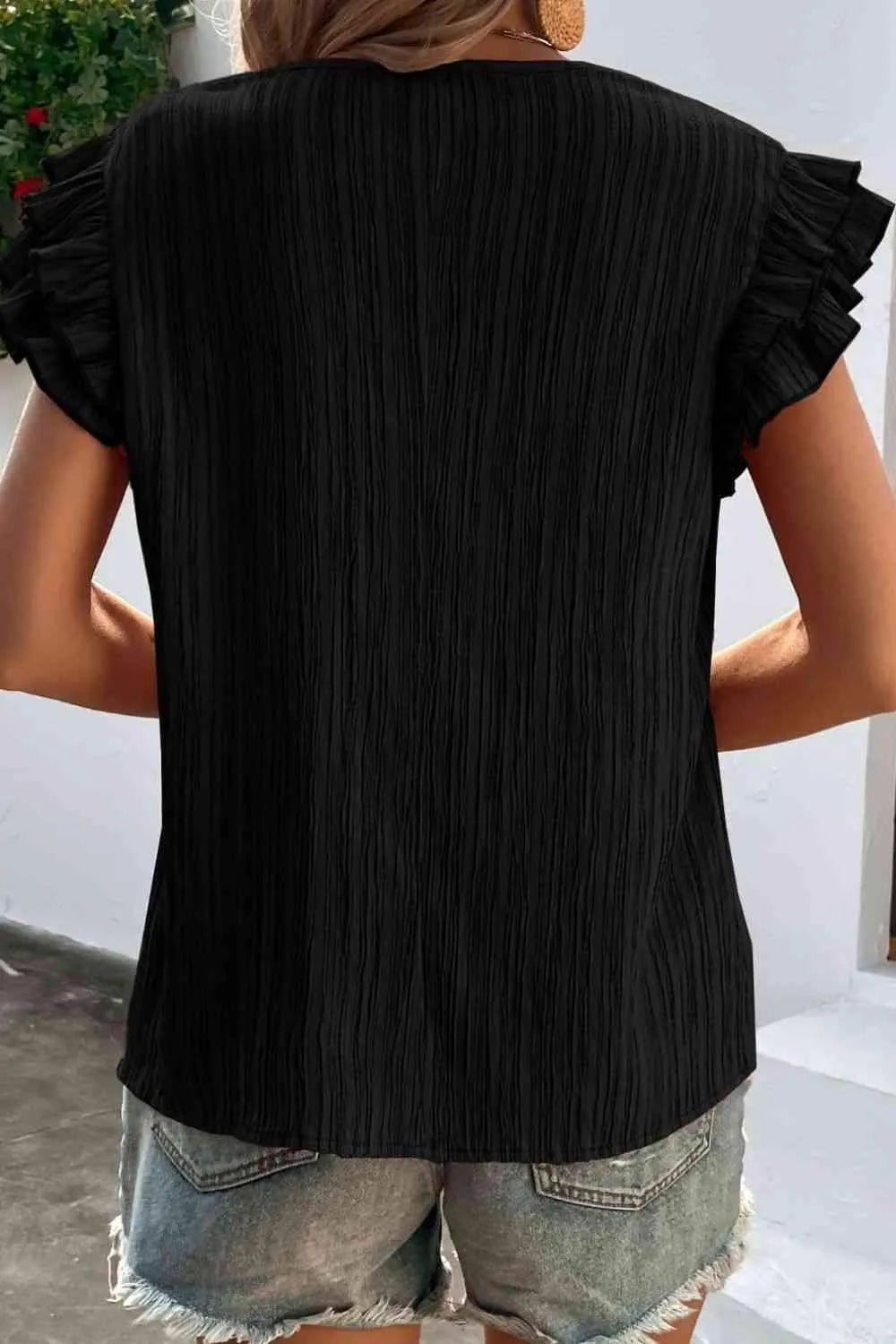 Textured Tie Neck Butterfly Sleeve Blouse Blouses - Tophatter Daily Deals