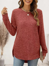 Ribbed Round Neck Long Sleeve T-Shirt Women's T-Shirts - Tophatter Daily Deals