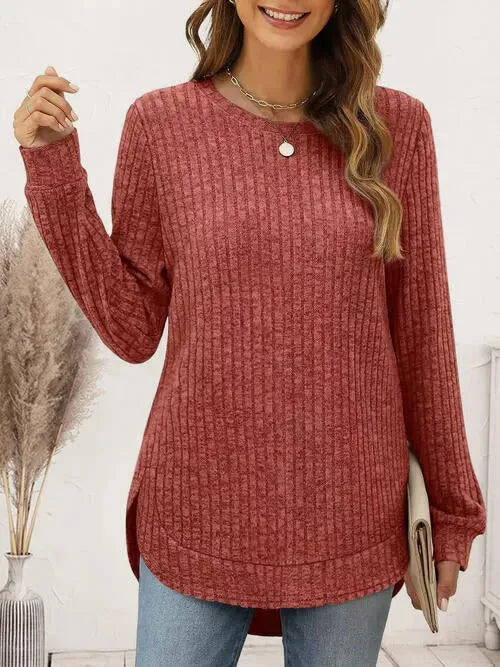 Ribbed Round Neck Long Sleeve T-Shirt Women's T-Shirts - Tophatter Daily Deals