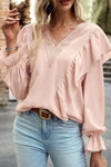 Crochet V-Neck Ruffle Trim Blouse Blouses - Tophatter Daily Deals