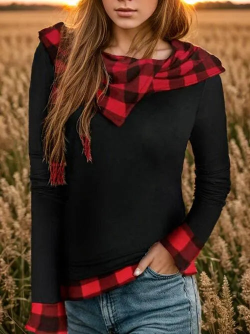 Plaid Long Sleeve Hooded Blouse Black Blouses - Tophatter Daily Deals