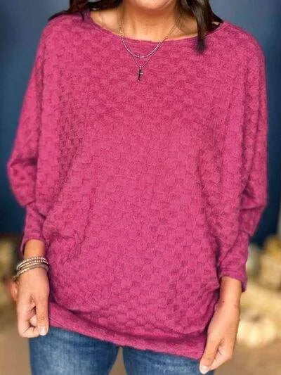 Checkered Round Neck Batwing Sleeve T-Shirt Women's T-Shirts - Tophatter Daily Deals