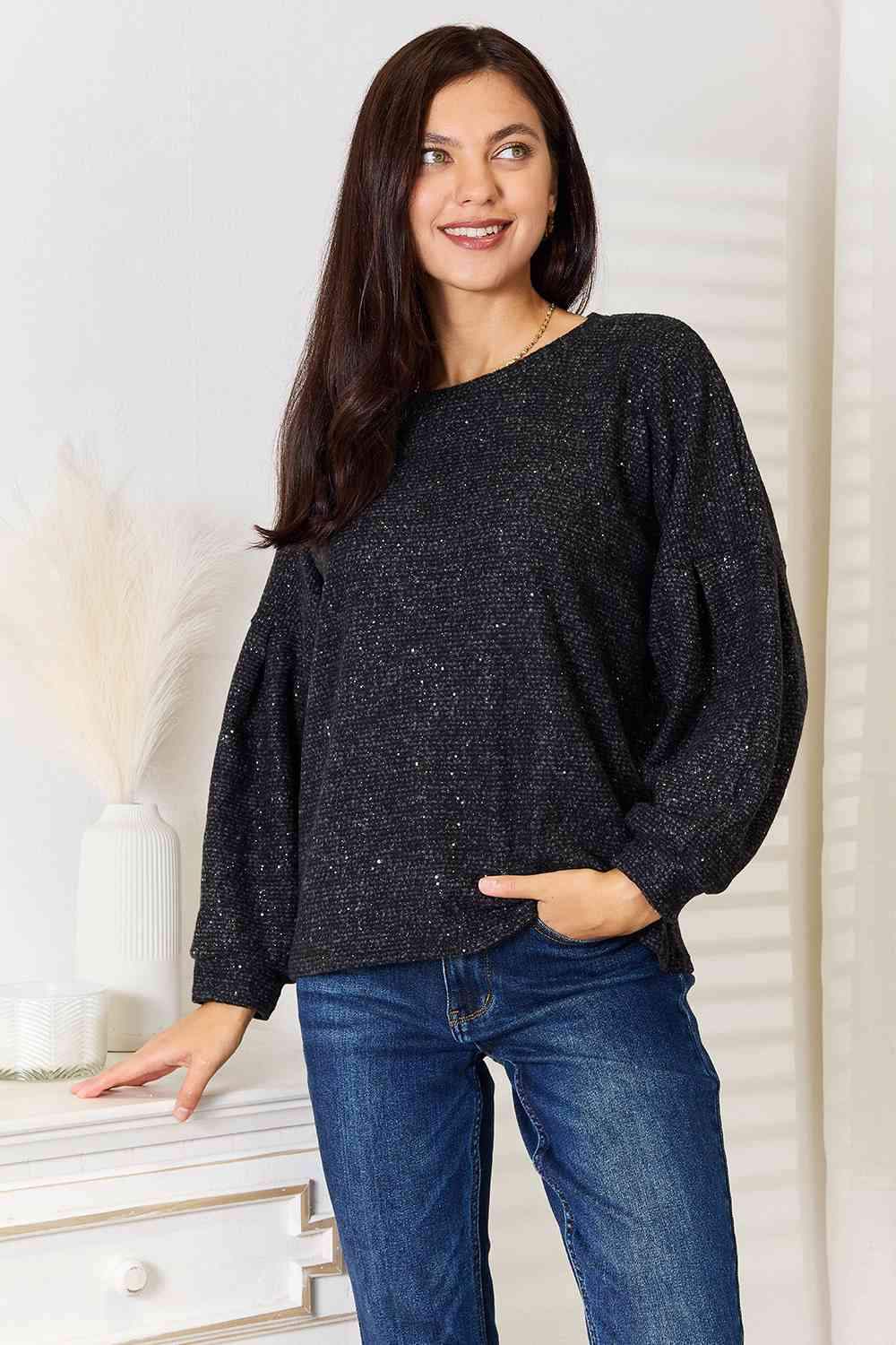 Jade By Jane Full Size Boat Neck Glitter Long Sleeve Top Blouses - Tophatter Daily Deals