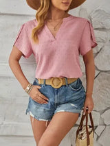 Swiss Dot Notched Petal Sleeve T-Shirt Dusty Pink Women's T-Shirts - Tophatter Daily Deals