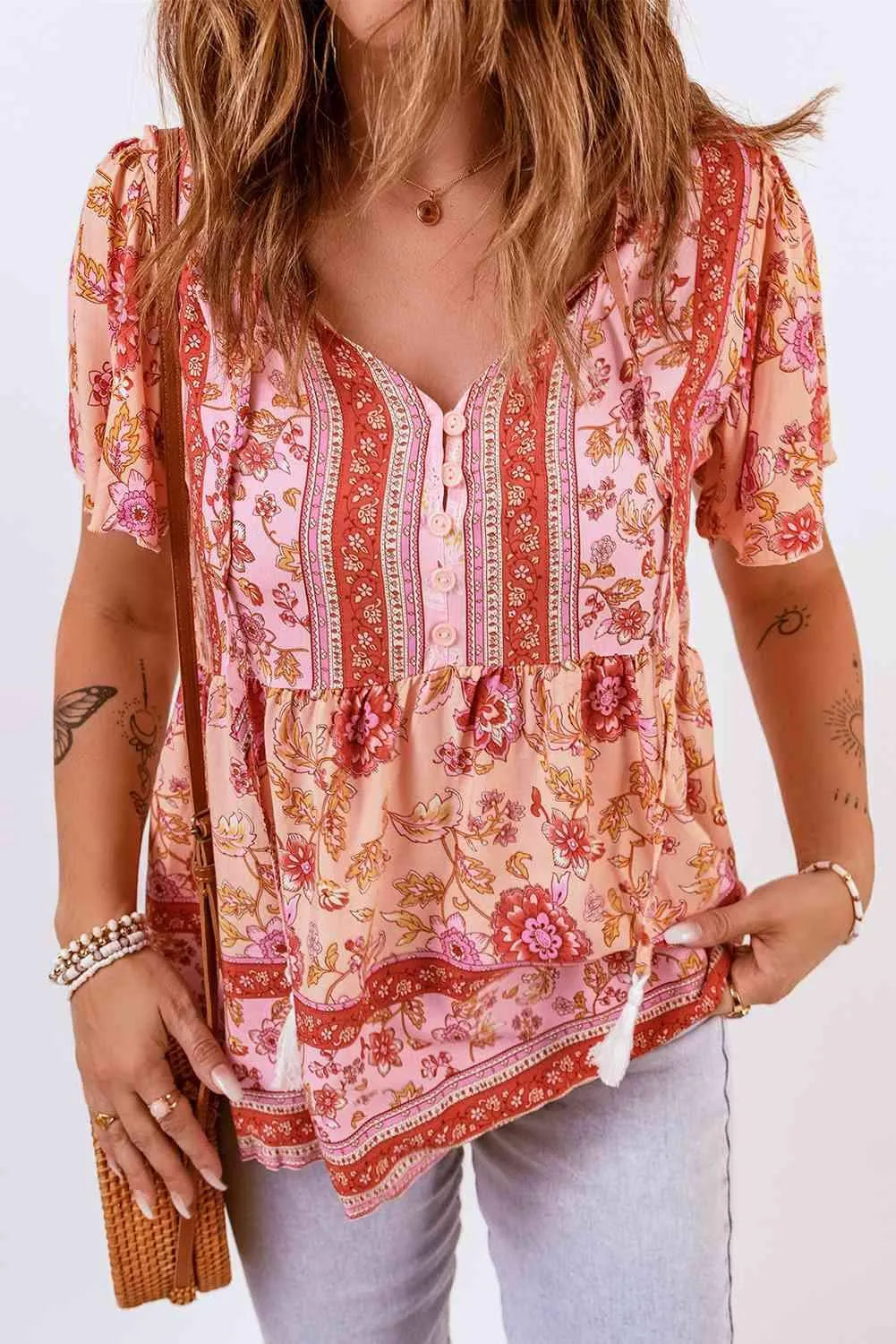 Bohemian Buttoned Short Puff Sleeve Blouse Blouses - Tophatter Daily Deals