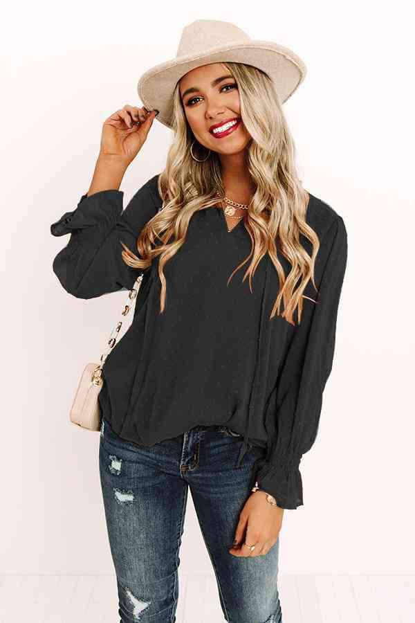 Swiss Dot Tie Neck Flounce Sleeve Blouse Black Blouses - Tophatter Daily Deals