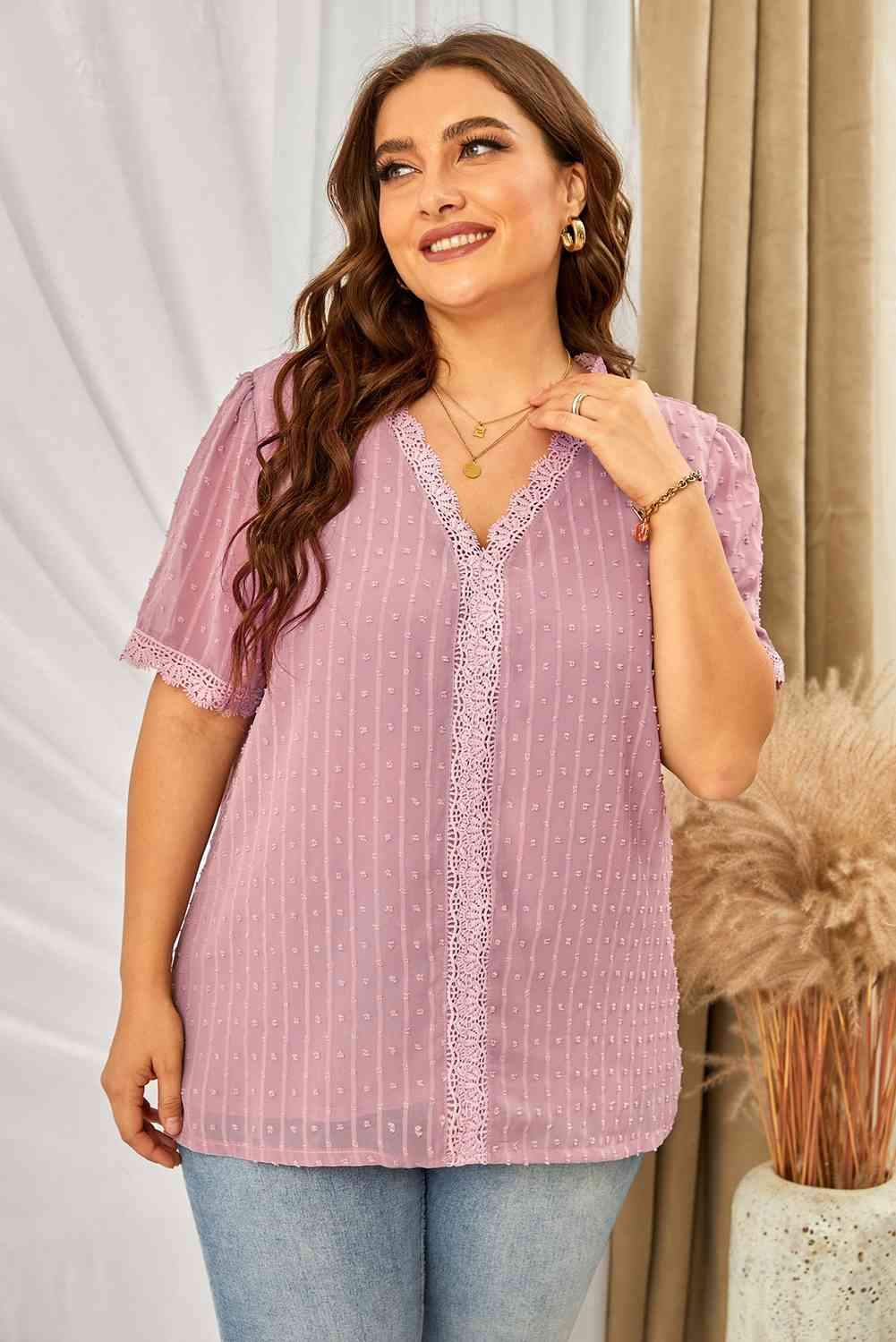 Plus Size Swiss Dot Spliced Lace V-Neck Blouse Dusty Pink Blouses - Tophatter Daily Deals