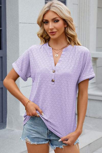 Eyelet Notched Short Sleeve T-Shirt Women's T-Shirts - Tophatter Daily Deals