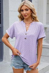 Eyelet Notched Short Sleeve T-Shirt Women's T-Shirts - Tophatter Daily Deals