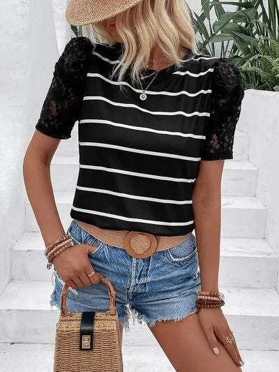 Striped Lace Detail Short Sleeve T-Shirt Women's T-Shirts - Tophatter Daily Deals