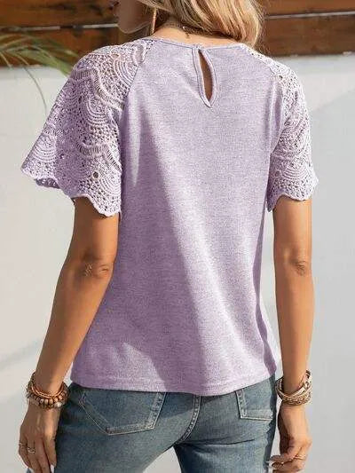 Openwork Round Neck Short Sleeve T-Shirt Women's T-Shirts - Tophatter Daily Deals