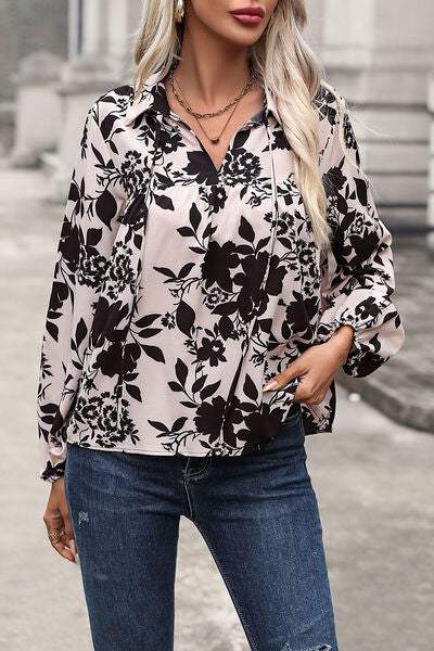 Printed Tie Neck Balloon Sleeve Blouse Cream Blouses - Tophatter Daily Deals