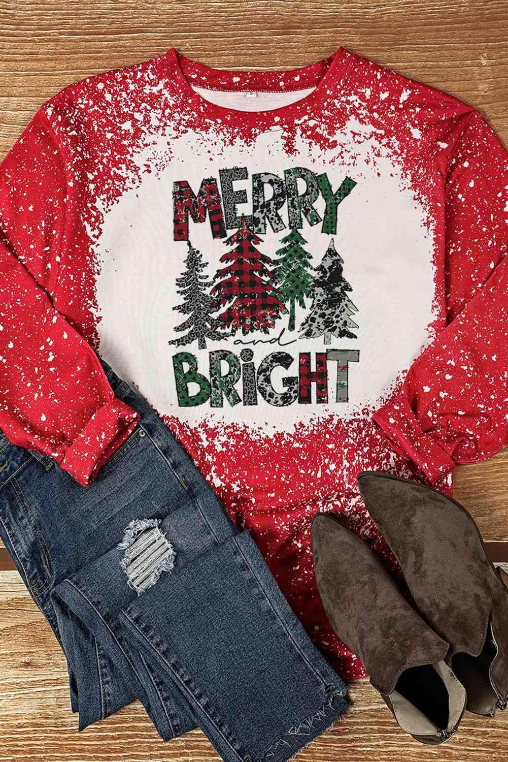 MERRY BRIGHT Graphic Long Sleeve T-Shirt Women's T-Shirts - Tophatter Daily Deals