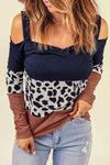 Leopard Print Color Block Cold-Shoulder Top Brown Black Blouses - Tophatter Daily Deals